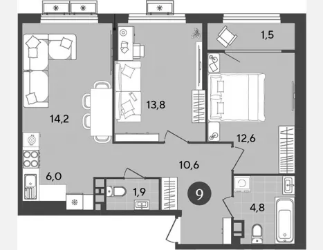 3-комн. квартира, 58.10 м², 2/9 этаж фото 3