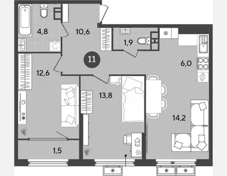 3-комн. квартира, 63.90 м², 9/9 этаж фото 0