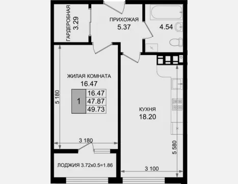 1-комн. квартира, 47.87 м², 8/8 этаж фото 0