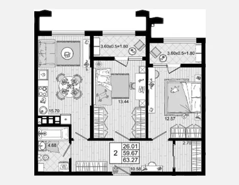 2-комн. квартира, 59.67 м², 2/8 этаж фото 0
