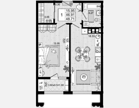 1-комн. квартира, 46.91 м², 6/8 этаж фото 0