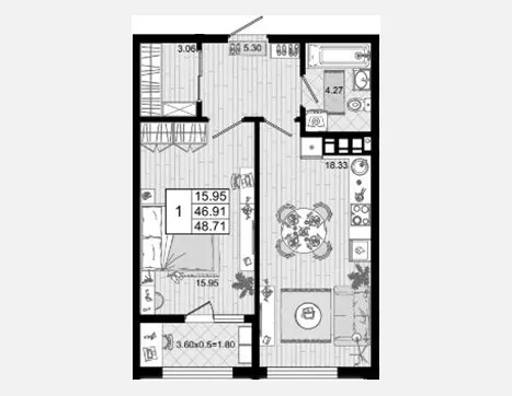 1-комн. квартира, 46.91 м², 2/8 этаж фото 0