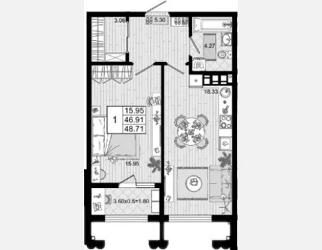 1-комн. квартира, 46.91 м², 6/8 этаж фото 0
