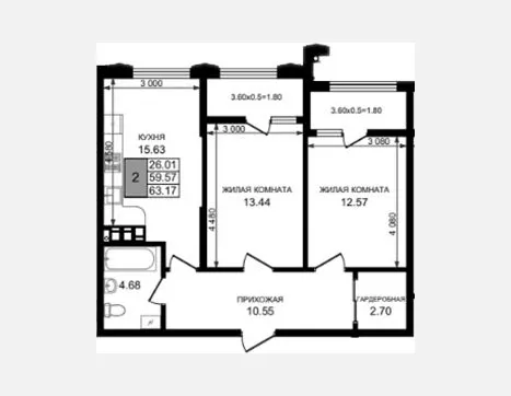 2-комн. квартира, 59.57 м², 8/8 этаж фото 0
