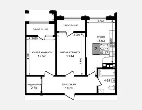 2-комн. квартира, 59.57 м², 2/8 этаж фото 0