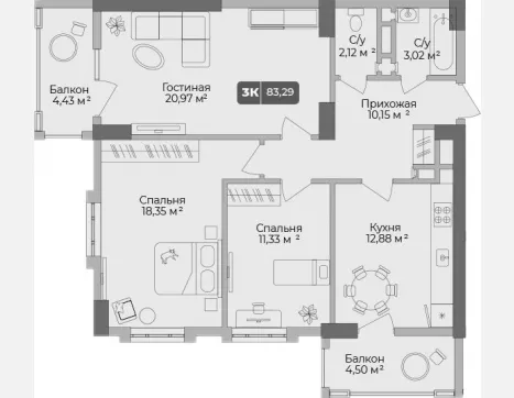 3-комн. квартира, 80.61 м², 5/17 этаж фото 0