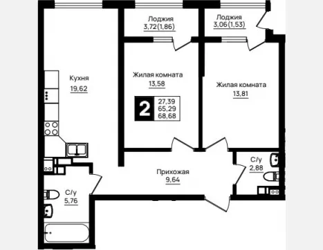 2-комн. квартира, 65.29 м², 9/9 этаж фото 0