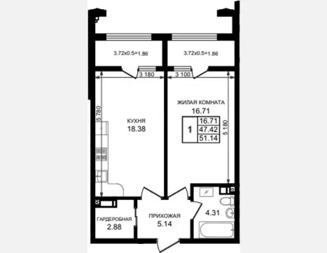 1-комн. квартира, 47.42 м², 5/8 этаж фото 0