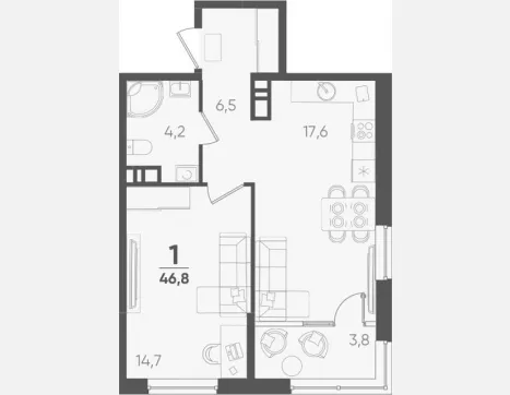 1-комн. квартира, 43 м², 5/9 этаж фото 0