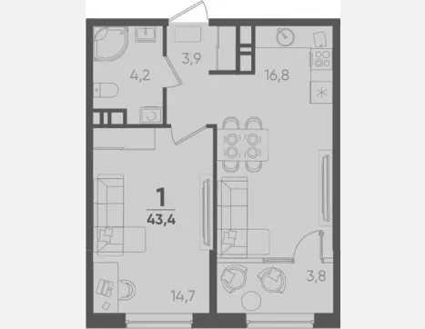 1-комн. квартира, 39.60 м², 6/9 этаж фото 0