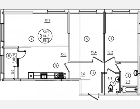 3-комн. квартира, 84.30 м², 2/9 этаж фото 0